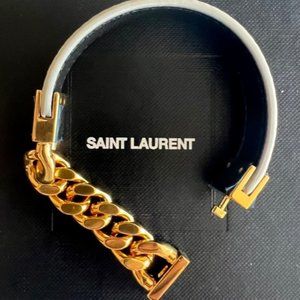 NWT Authentic YSL Saint Laurent Gold Metal & Leather Bracelet